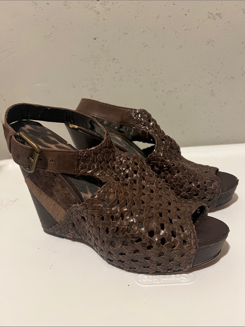 Sam Edelman Brown Woven Leather Wedge Sandals